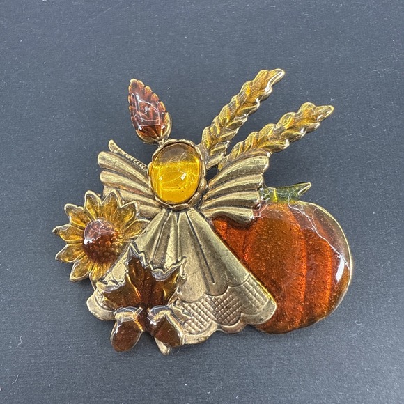 Kenneth Cole Jewelry - Vintage Kenneth Cole Autumn Pumpkin Angel Gold Tone Resin Brooch 2" Fall Harvest